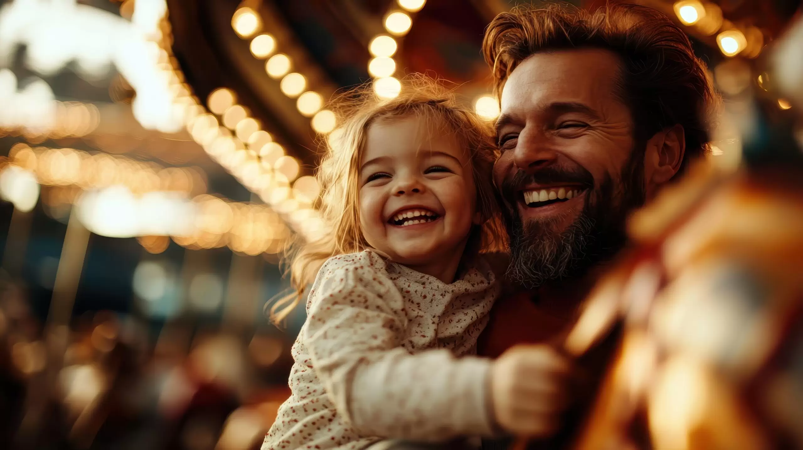 A heartwarming image of a father and his daughter laughing joyously while riding a carousel, reflecting love, parental bond, and the simple pleasures of amusement parks.